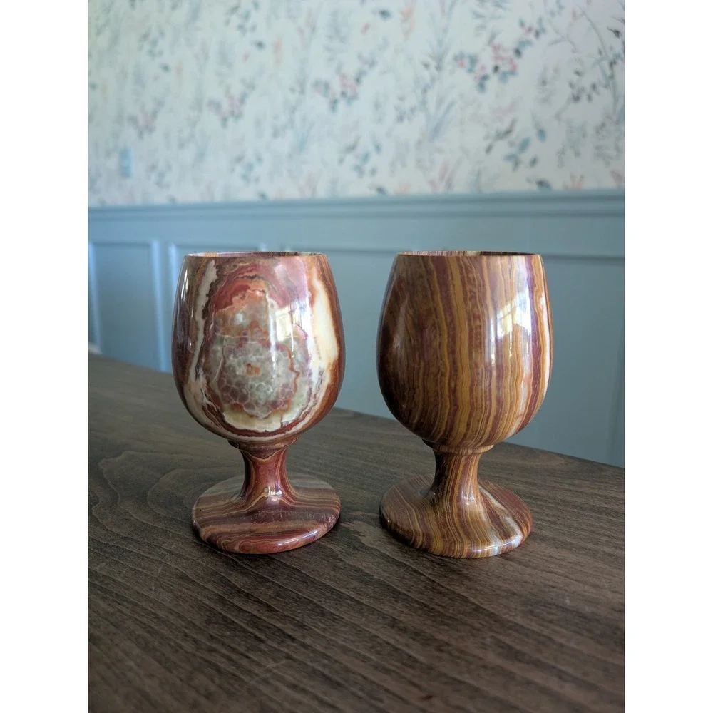Hand Crafted Onyx Marble Banded Goblets Natural Stone Chalice Set 2 Wine Glasses